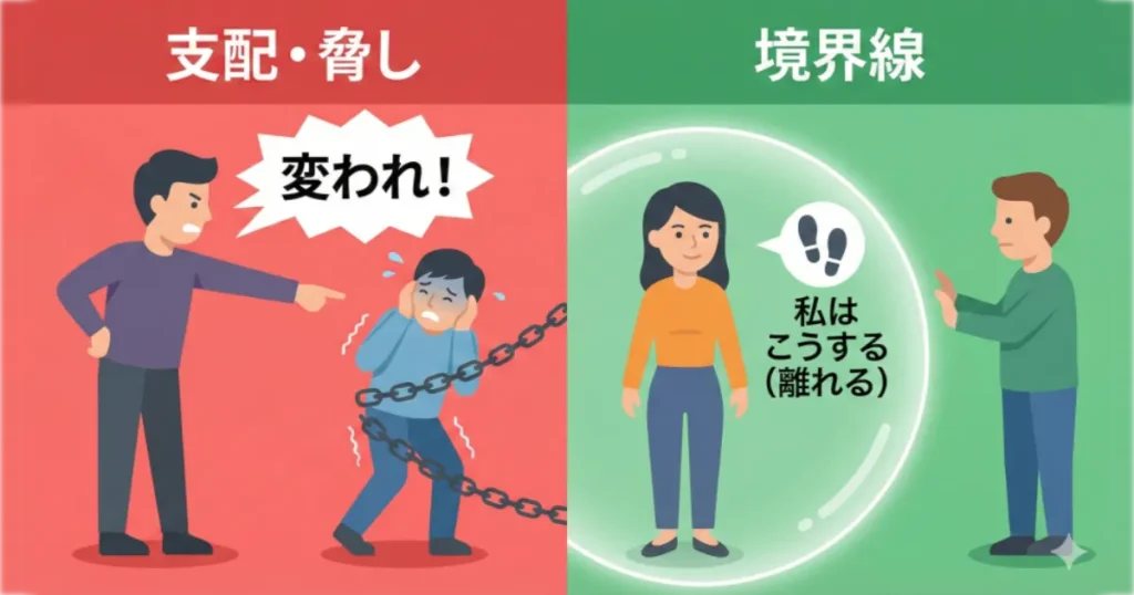 相手を支配しようとする「脅し」と、自分を守るための「境界線」の違いを表す比較イラスト