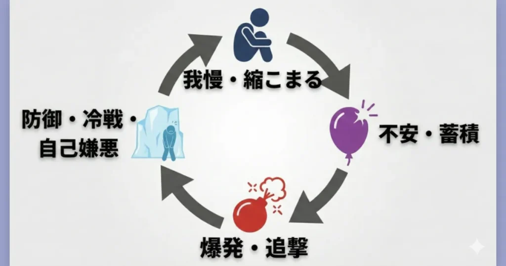 夫婦関係で我慢を重ねると、やがて爆発し、冷戦や無視のループに陥るメカニズムの図解