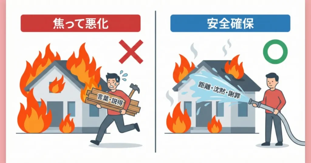 離婚危機の初期対応図解。火事の最中に家を建てるのではなく、まずは消火活動(鎮火)を優先すべきという対比イラスト
