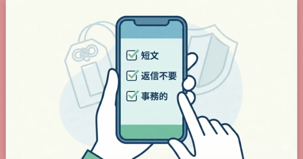 離婚危機直後の連絡ガイドライン。短文であること、返信不要を明記すること、相手の負担を増やさない事務的な内容であることを示すスマホ画面のイラスト