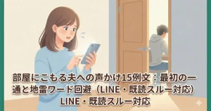 部屋にこもる夫へLINEを送るか迷う妻と、ドア越しにいる夫のイラスト。記事タイトル「部屋にこもる夫への声かけ15例文」の文字入り。