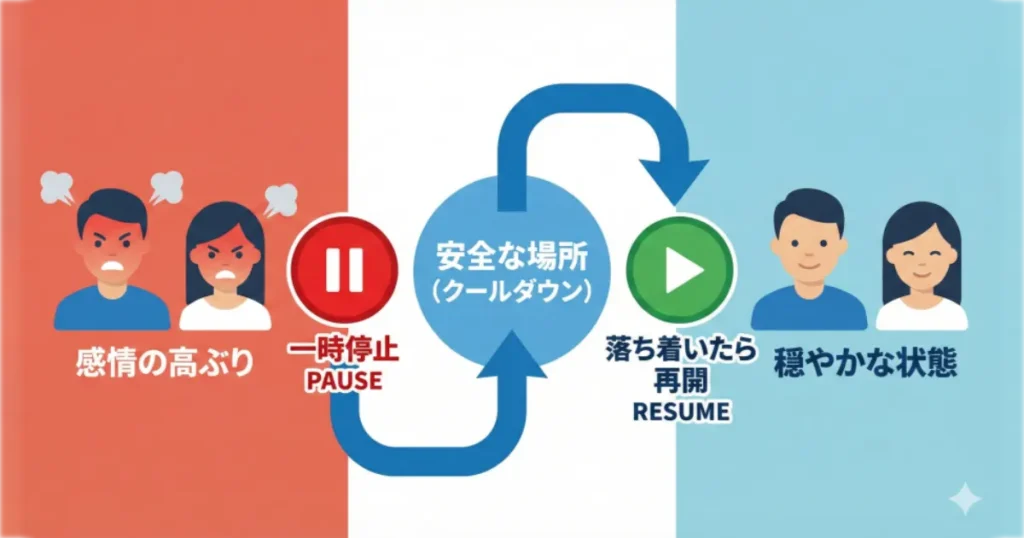 境界線を伝える際に荒れるのを防ぐための安全設計（短く、戻る道を作る）のイメージ
