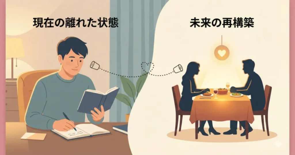 別居期間を前向きな準備期間として描いたイラスト。離れた場所で自分を整える夫と、未来の再構築へ向けて緩やかにつながる希望のイメージ