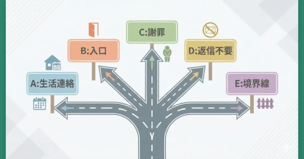 状況に合わせて選べる5つのLINEテンプレ(生活連絡、入口、謝罪、返信不要、境界線)の分岐ガイド図。