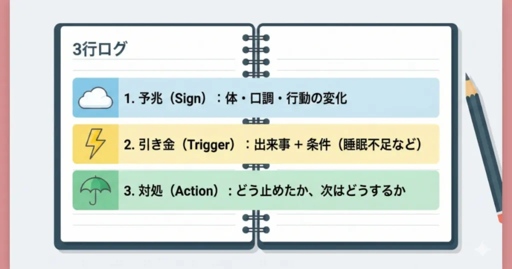長期戦を乗り切るための3つの支えを示すイラスト。自分を責めずに安定して進むために、生活の土台、外部の相談、自分の行動運用という3本の柱が人物を支えている様子