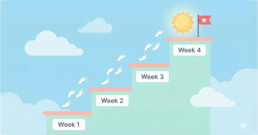 4段の緩やかな階段を、一段ずつ登っていく足跡のイラスト。30日間の成長プロセス。