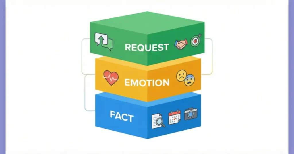 3つの積み木が重なっているイラスト。下から「事実」「感情」「要望」を表すアイコンが描かれている。