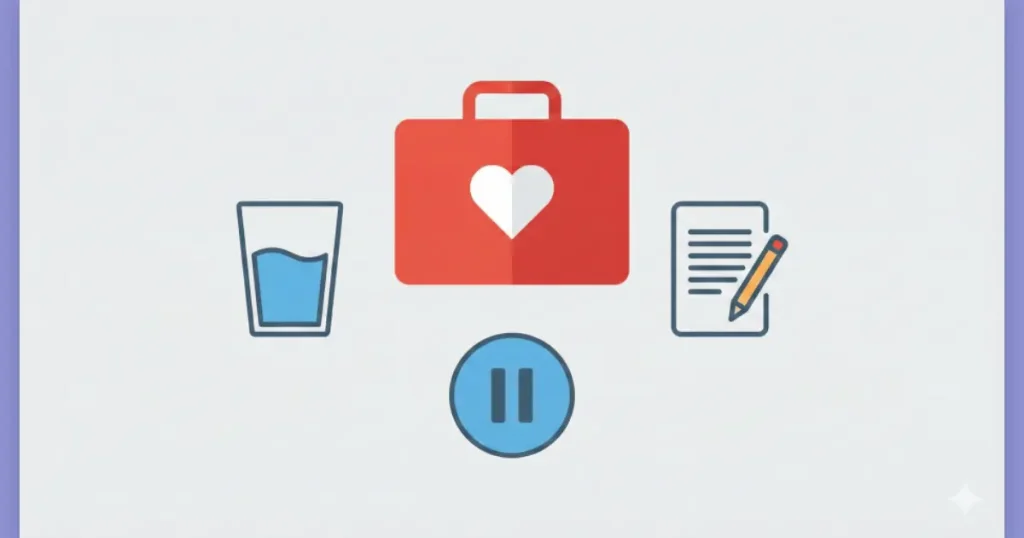 心の救急箱と、ばんそうこう、温かい飲み物のイラスト。夜の応急処置セット。