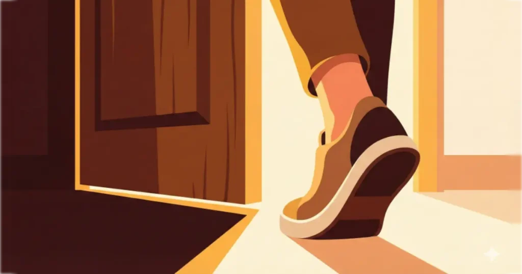 扉を開けて、明るい外へ一歩踏み出す足元のイラスト。