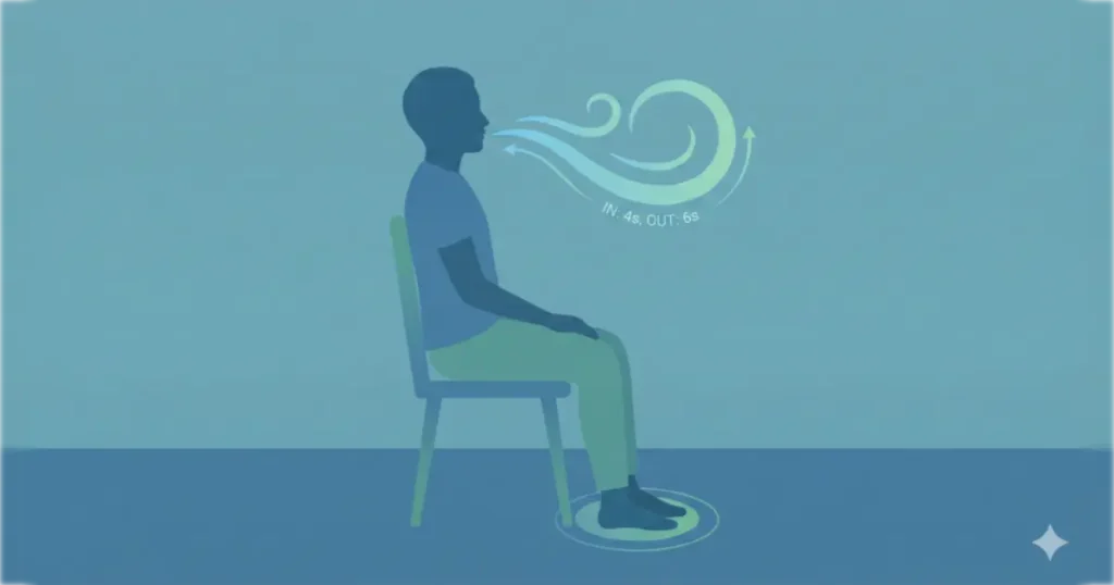 深呼吸をして、足の裏を地面につけている女性のシルエット。リラックスとグラウンディングのイラスト。