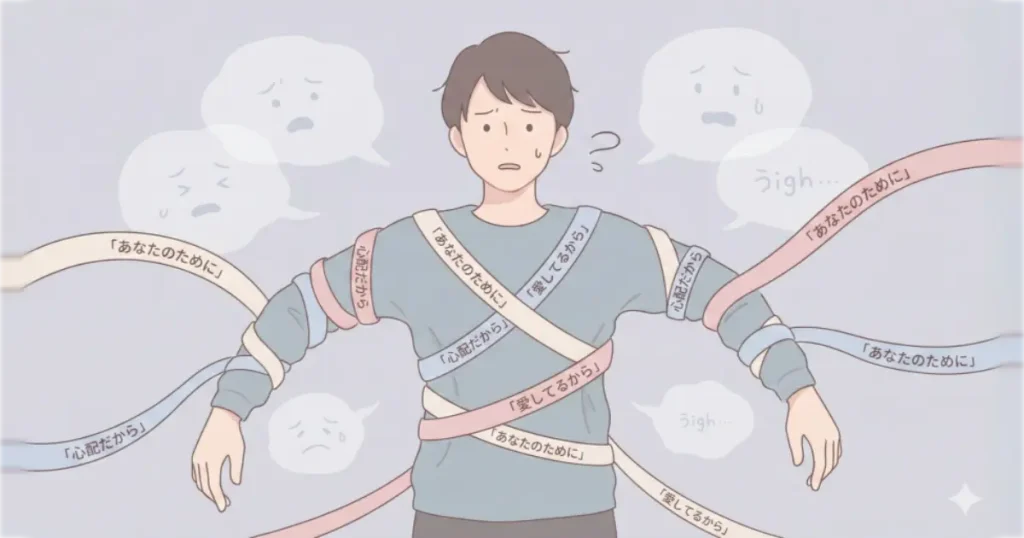 「あなたのために」などの言葉が書かれたテープが、優しく、しかし確実に相手を縛っている様子のイラスト。