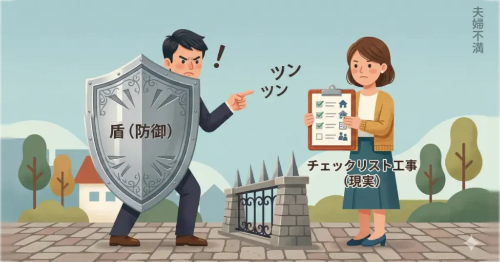 現実の確認を追い詰められたと感じて、防御から妻への不満へと攻撃をすり替える夫