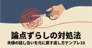 記事タイトル「論点ずらし(論点のすり替え)の対処法」と、絡まった会話を解きほぐすイメージのアイキャッチ画像