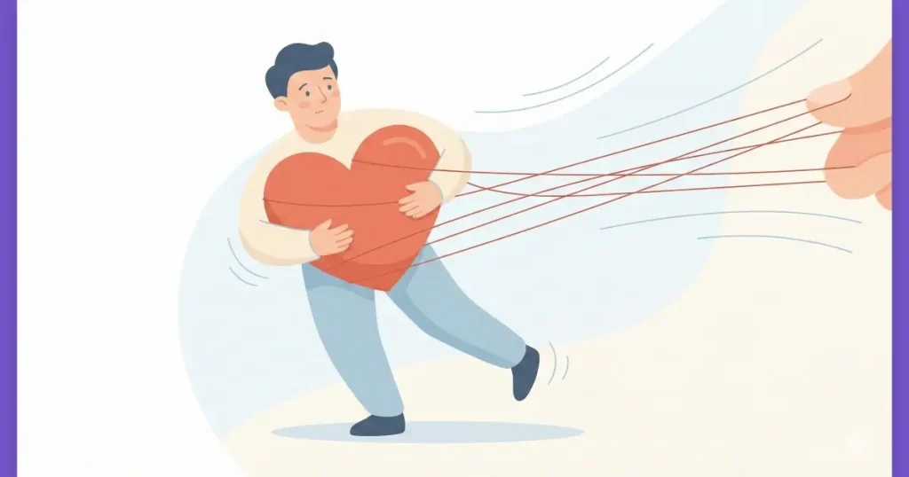自分の持っている大きなハート（良心）が、相手からの糸で引っ張られてバランスを崩している人のイラスト。