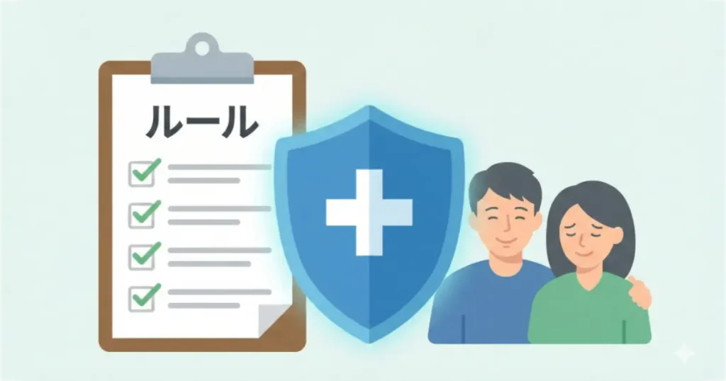 クリップボードに挟まれたチェックリストと、安心した表情の夫婦のアイコン。運用の仕組み化。