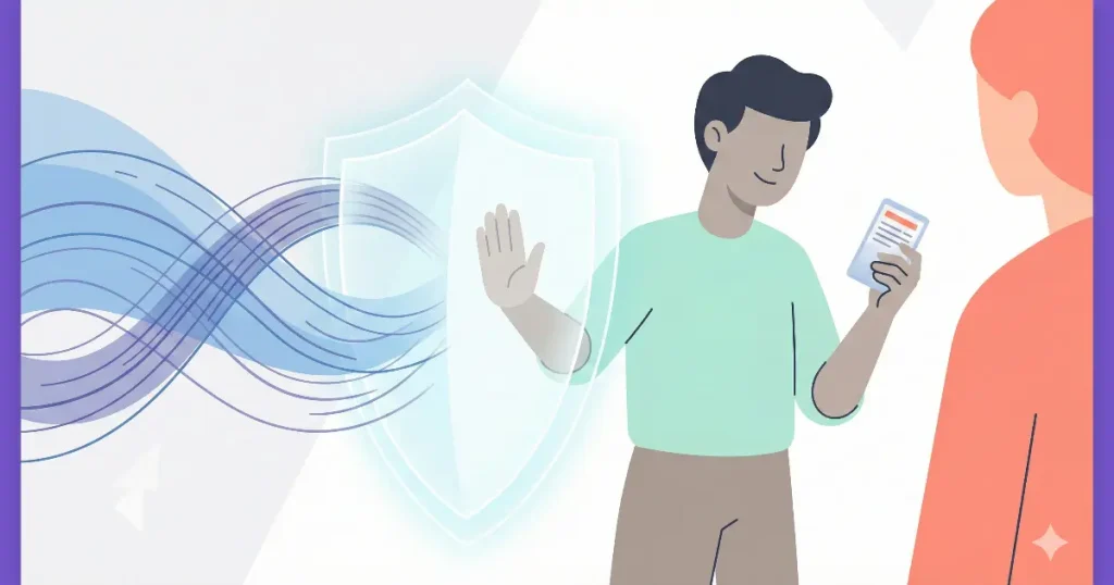 ポケットから「返信スクリプト」と書かれたカードを取り出し、落ち着いて会話をする人のイラスト。