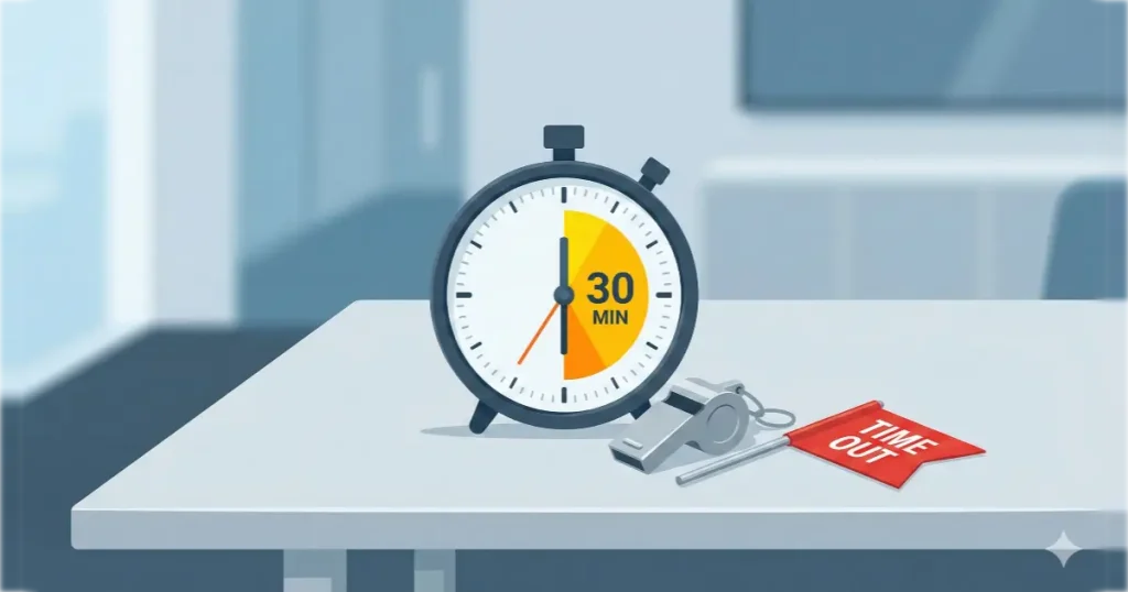 テーブルの上に置かれた時計が30分を示しており、その時間が来たら会話を切り上げる様子を描いたイラスト。