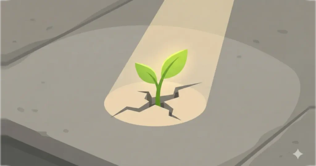 コンクリートの隙間から小さく芽が出ているイラスト。小さな回復の兆し。