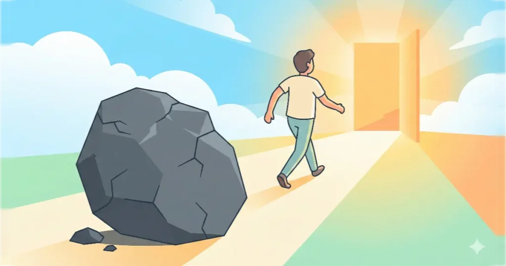 重いリュックサックを地面に置き、身軽になって光の方へ歩き出す人の後ろ姿のイラスト。