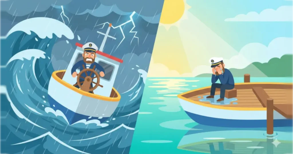 嵐の海で必死に操縦する船と、穏やかな港で停泊して疲れが出ている船の対比イラスト。