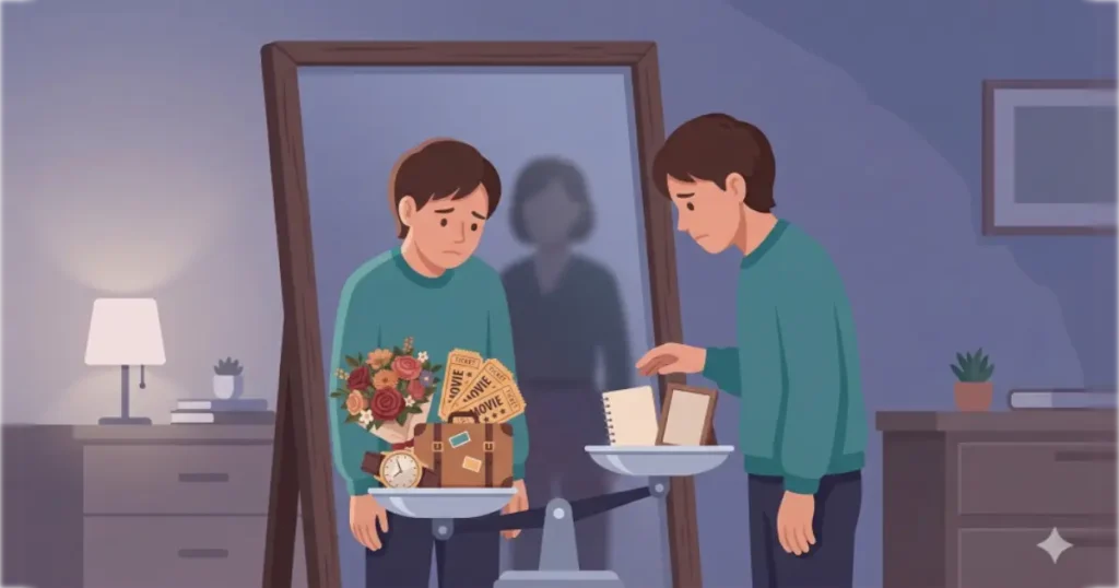 相手の過去と自分を比較して劣等感を感じる様子を表現した天秤のイラスト。