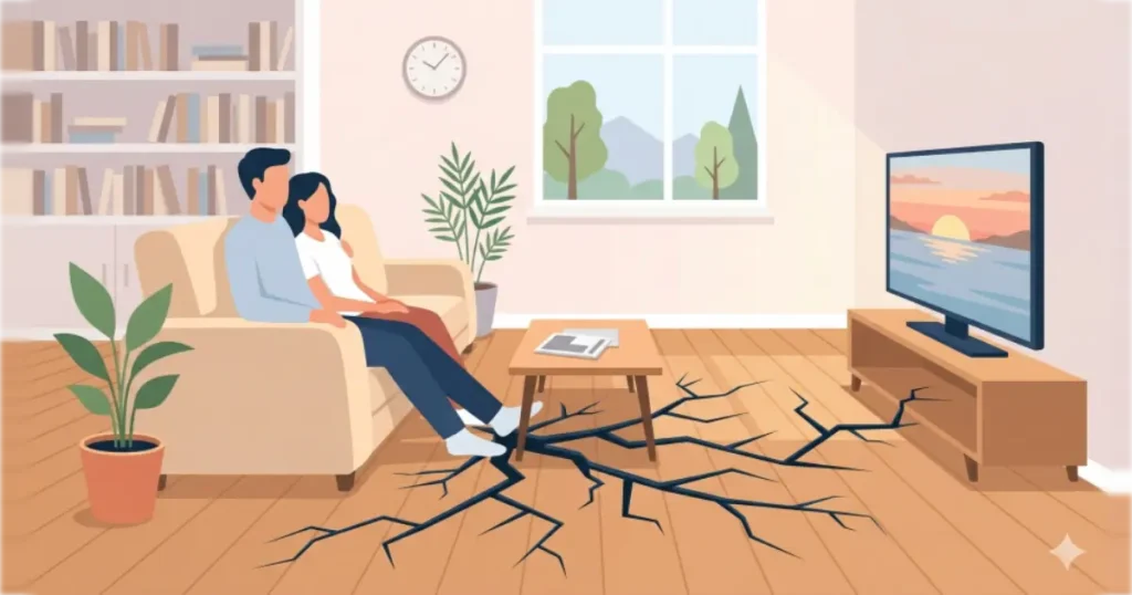 日常の些細なきっかけで不安や緊張が走り、関係に亀裂が入る瞬間を「薄氷」で表現したイラスト。