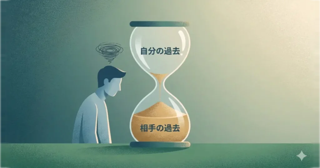 自分の人生に足りないものがあると感じ、相手の過去を羨んでしまう心理のイラスト。