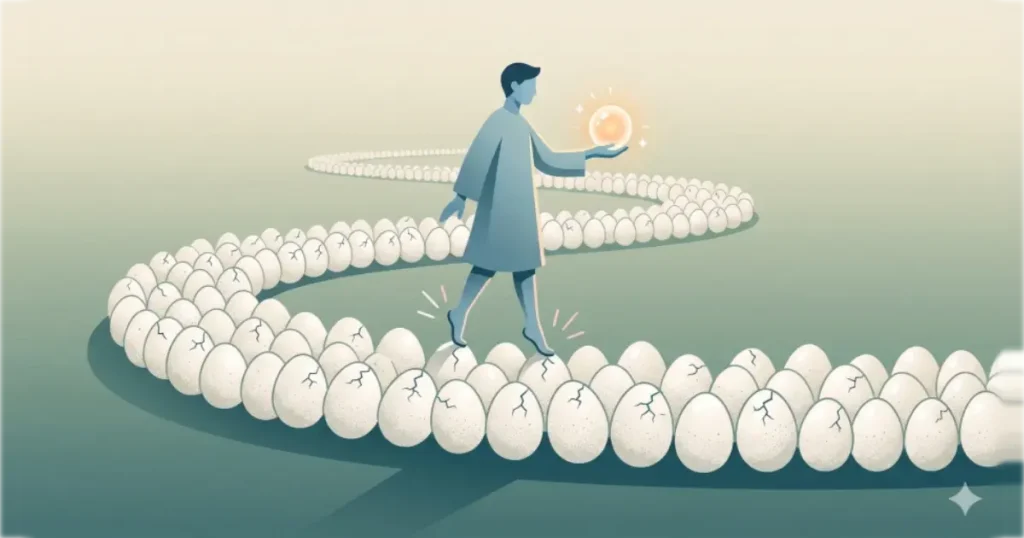 相手の顔色をうかがい、慎重に振る舞う「卵の上の歩行」を表現したイラスト。