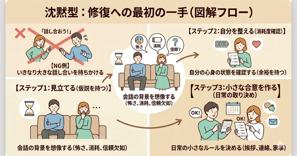  図解フロー：話し合いに応じない「沈黙型」の夫・妻に対する関係修復の3ステップ。NG行動である「いきなり大きな話し合いを持ちかける」を避け、①相手の沈黙の背景を見立てる、②自分の心身の消耗を整える、③日常の小さな合意（挨拶や事務連絡など）を作る、という具体的で安全な手順を解説したインフォグラフィック。
