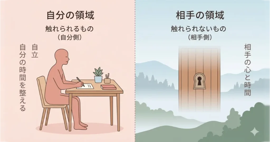 コミュニケーションにおいて「触れられるもの（自分の感情や行動）」と「触れられないもの（相手の気持ちや選択）」の間に引かれた境界線を示した図解。