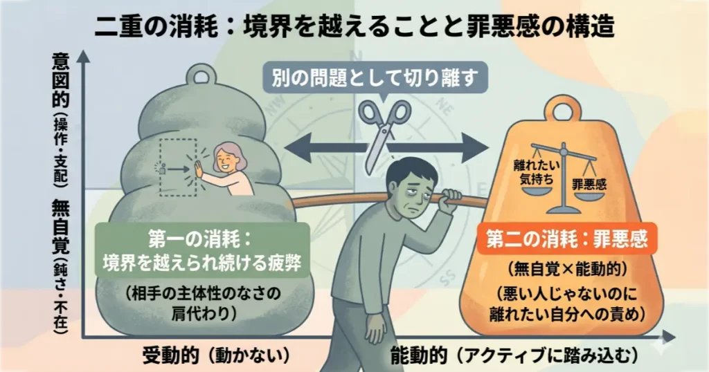 悪気なき踏み込みタイプとの関係で起きる二重消耗の図解。第一の消耗「境界越え」と第二の消耗「罪悪感」の構造。