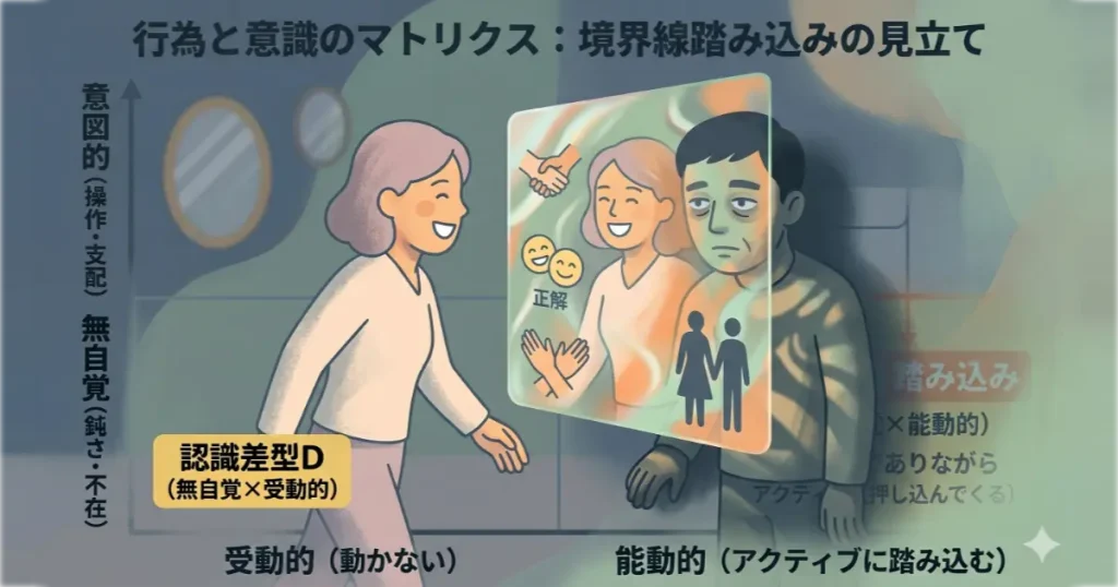 無自覚な踏み込みによる「存在の素通り」を表現したイラスト。対話ではなく、自分の願望を映す画面として相手を扱う構造。