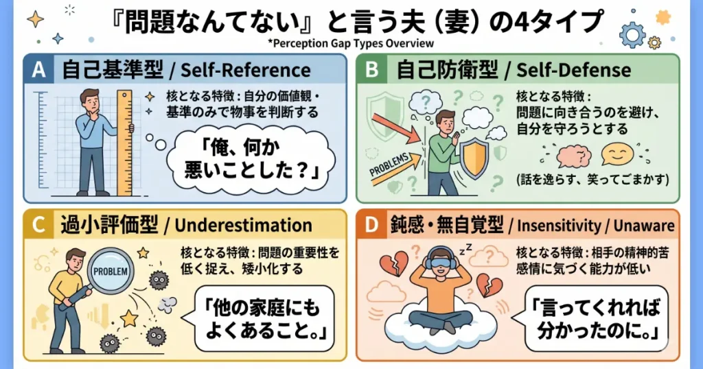 「問題なんてない」と言う夫(妻)の4タイプ(認識差型)を整理した図解。自己基準型、自己防衛型、過小評価型、鈍感・無自覚型のそれぞれの特徴と典型的なセリフを一覧で比較。