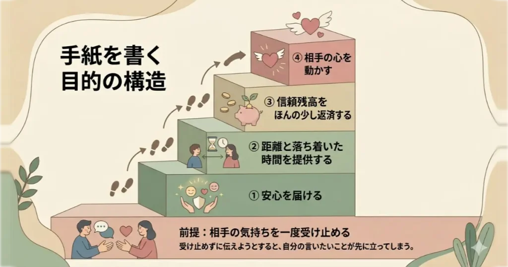 修復の手紙を書く4つの目的。「相手の気持ちの受け止め」を土台とし、「安心」「距離」「信頼残高の返済」「心を動かす」の順に階段状に積み上がる心理構造の概念図。