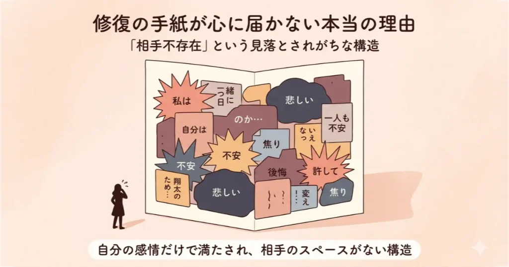 相手不存在の手紙の構造図。便箋の中に「私」の感情や要求のブロックだけが詰め込まれ、受け手である「相手」の気持ちが入る余白が全くない状態を示した心理学的図解。