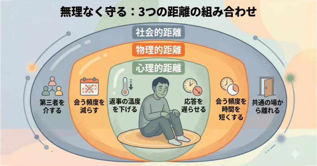 悪気なき踏み込みタイプとの距離の置き方。物理的距離、心理的距離、社会的距離の3層のアプローチ図解。