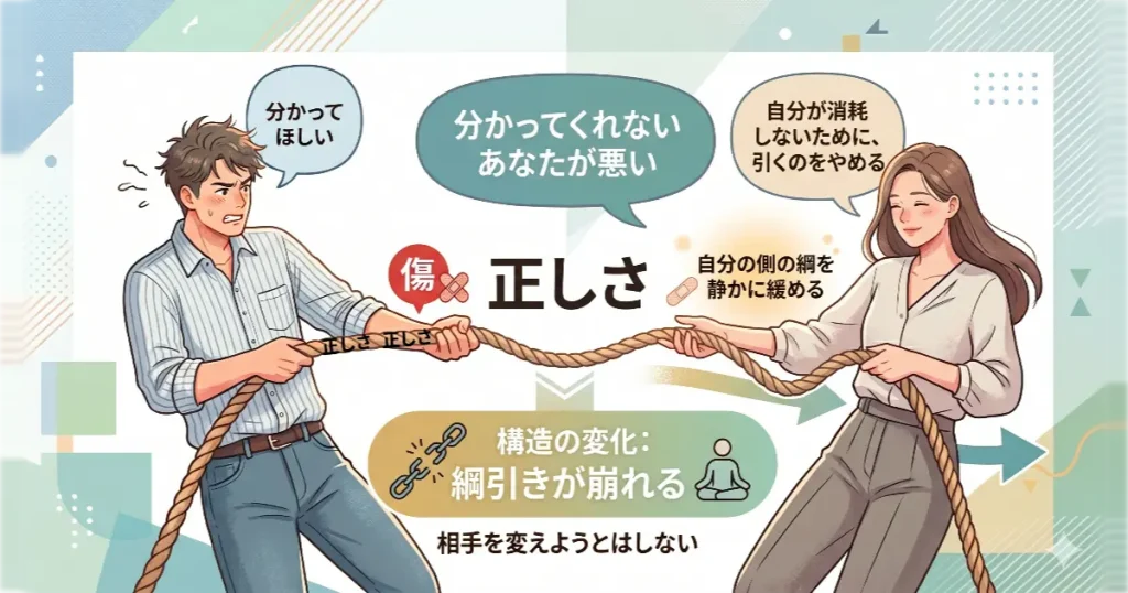 夫婦の傷つけ合いの綱引きから、自分だけでも降りる(綱を緩める)方法の図解。相手を変えようとせず、自分の側の力みを抜くことで構造を変える最初の一歩。
