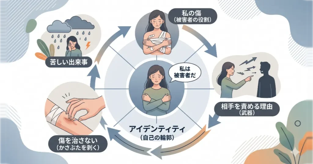 「傷ついた自分」という役割を保つために、無意識に傷を治さず(かさぶたを剥き)相手を責める理由を作り続ける心の循環を描いた図解。