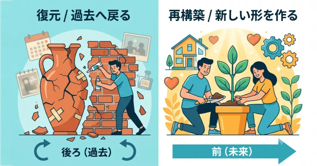 別居からの夫婦修復のゴールは、以前の壊れた関係に戻す(復元)ことではなく、二人で全く新しい夫婦の形を築く(再構築)ことであることを示す対比図解。