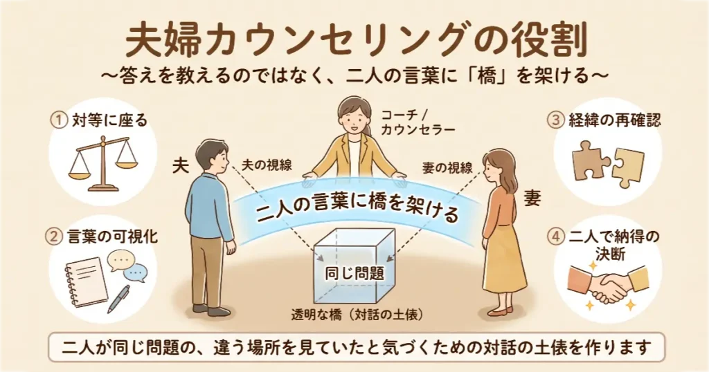 夫婦相談室の役割図解。違う場所から同じ問題を見る夫婦の言葉を可視化し、対等に話し合える土俵を作るイメージ