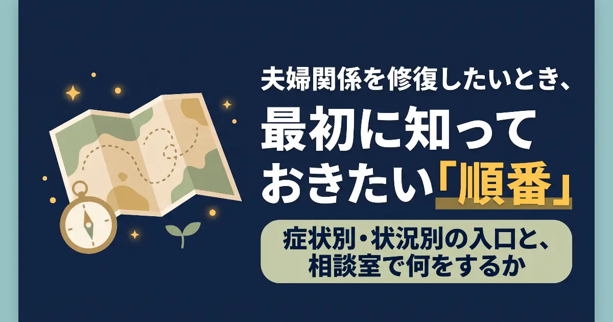 記事『夫婦関係を修復したいとき、最初に知っておきたい「順番」』のOGP画像。修復の道筋を示す羅針盤と地図のアイキャッチ